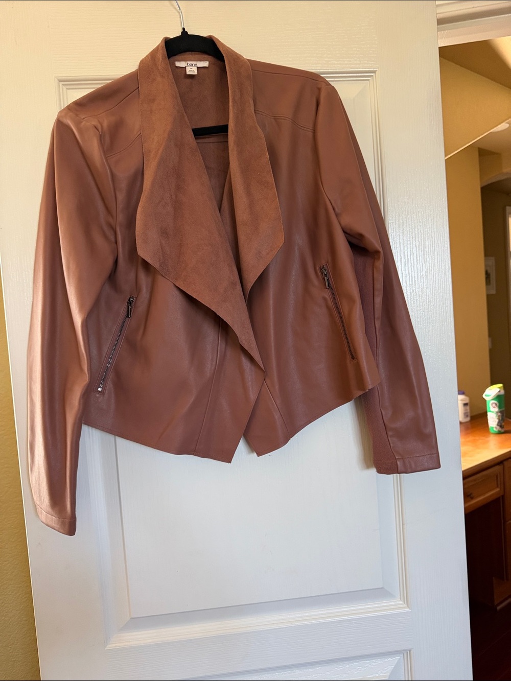 Bar III Brown Draped Faux Leather Jacket